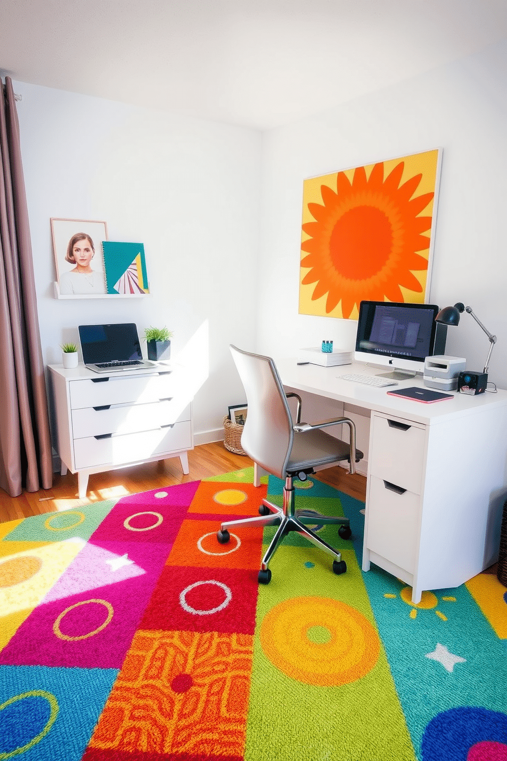 A cheerful area rug brightens the space with vibrant colors and playful patterns. It complements a cozy workspace featuring a sleek desk and a comfortable chair, creating an inviting atmosphere for productivity.