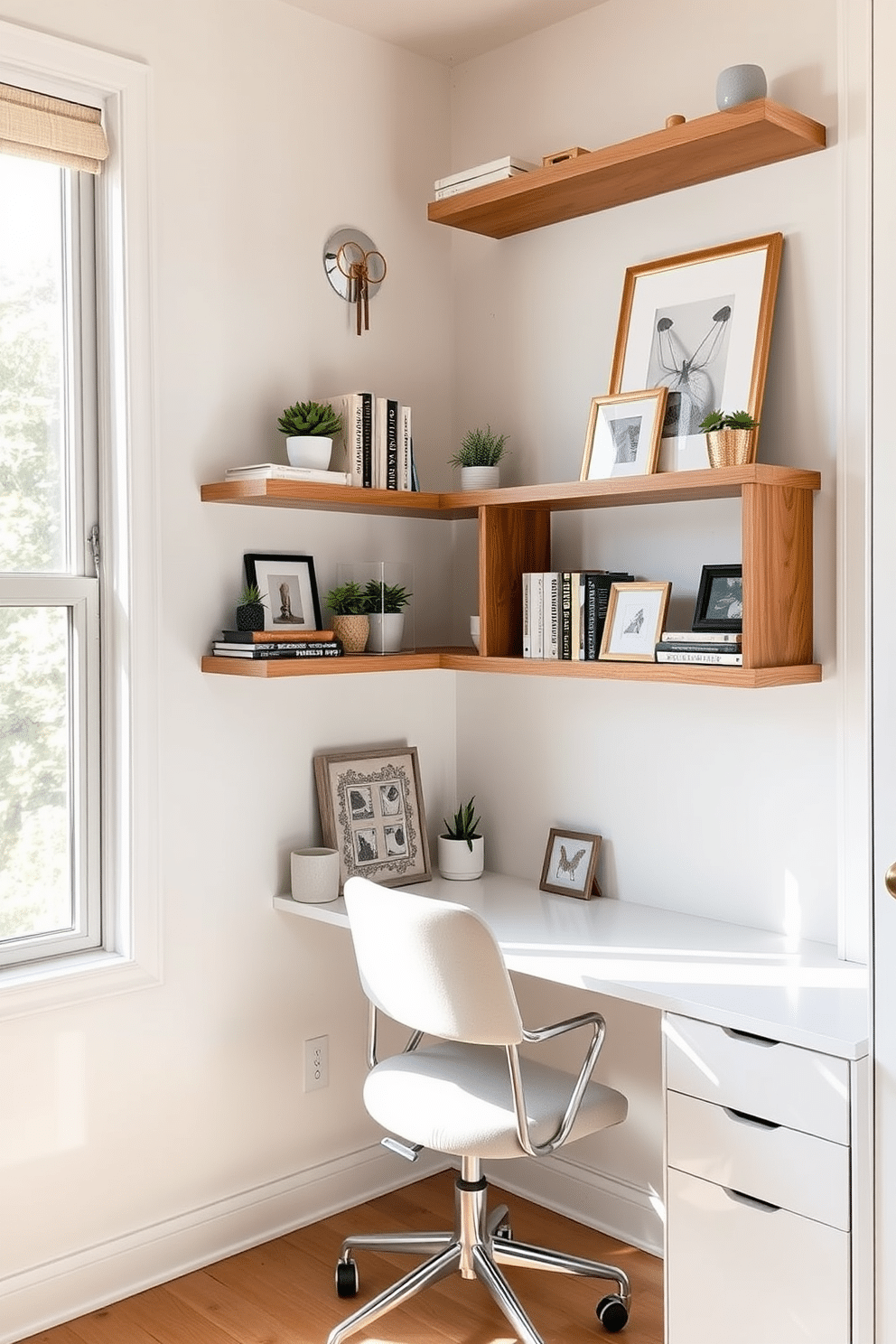 A bright and airy home office features floating shelves adorned with decorative books, small plants, and framed artwork. The walls are painted in a soft pastel hue, and a stylish desk with a comfortable chair is positioned beneath a large window that lets in natural light.