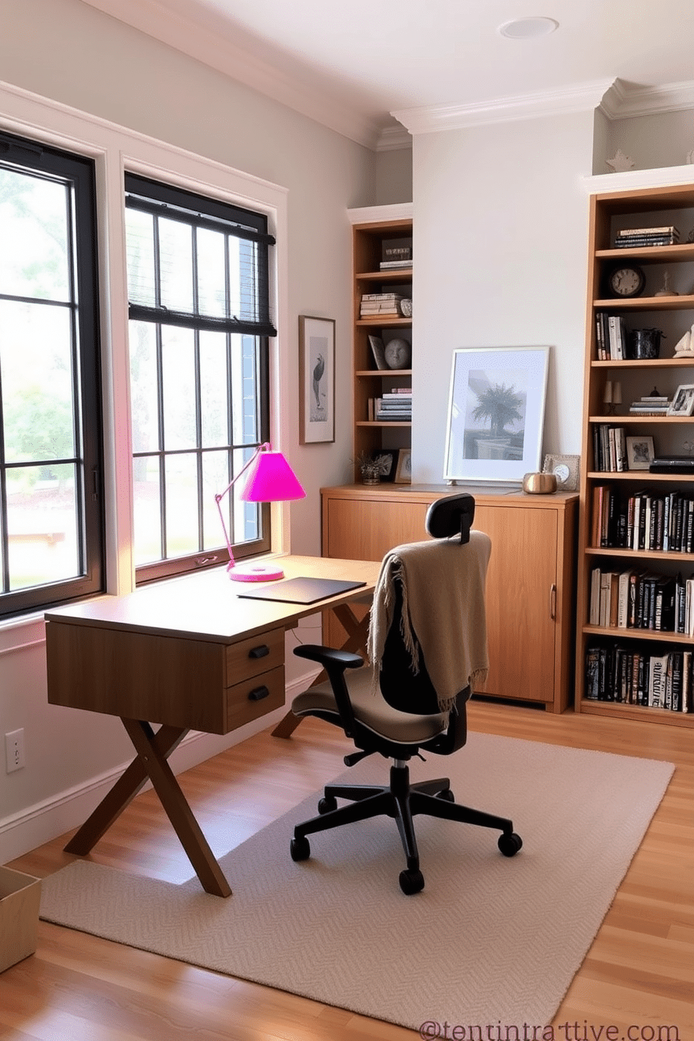 A bright and inviting home office space featuring a sleek wooden desk positioned against a large window that lets in natural light. The walls are painted in a soft pastel color, and a vibrant desk lamp in a bold hue sits on the desk, providing a pop of color and illumination. A comfortable ergonomic chair is placed at the desk, with a cozy throw draped over the back. Shelves filled with books and decorative items line the walls, creating a personalized and inspiring atmosphere.