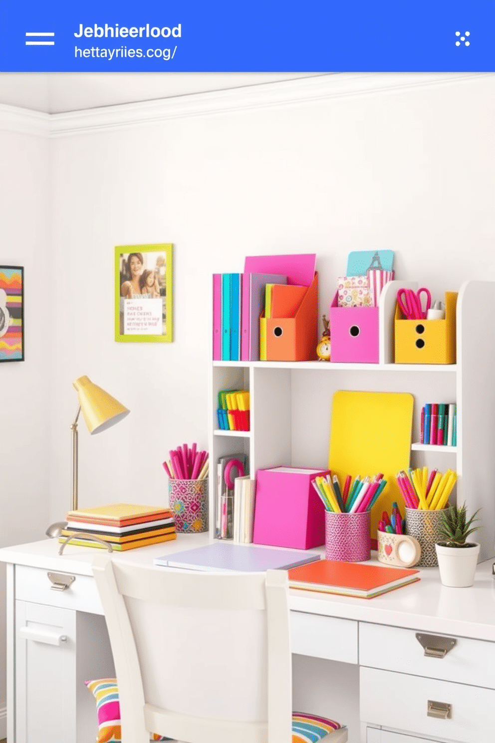 A vibrant home office setting filled with an assortment of colorful office supplies. The desk is adorned with bright notebooks, cheerful pens, and decorative organizers that add a playful touch to the workspace. The walls are painted in a light pastel hue, creating a fresh and inviting atmosphere. A cozy chair with a colorful cushion sits beside the desk, and a small potted plant adds a touch of greenery to the decor.