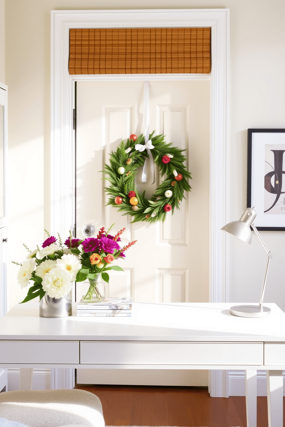 A bright and inviting home office featuring a seasonal wreath on the door. The walls are painted in a soft pastel hue, complemented by a stylish desk adorned with fresh flowers and a modern desk lamp.