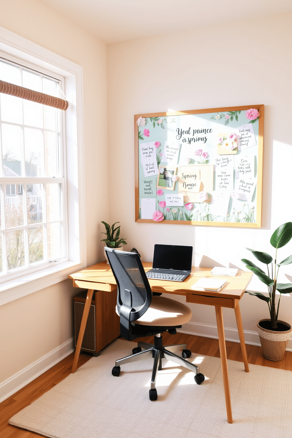 A bright and airy home office space with a large window allowing natural light to flood the room. The walls are painted in a soft pastel color, and a stylish wooden desk sits in front of the window, adorned with a cheerful spring-themed bulletin board filled with floral prints and inspirational quotes. A comfortable ergonomic chair complements the desk, while a potted plant adds a touch of greenery to the corner. The floor is covered with a light-colored rug that ties the room together, creating a cozy and inviting atmosphere perfect for productivity.