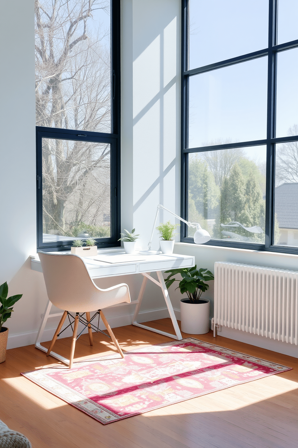 A bright and airy home office space features large windows that allow natural light to flood in. The walls are painted in a soft pastel blue, complemented by white furniture that creates a fresh and inviting atmosphere. A sleek white desk is positioned near the window, adorned with a minimalist lamp and a few potted plants for a touch of greenery. A comfortable chair in a light fabric sits beside the desk, while a colorful rug adds warmth to the wooden floor.