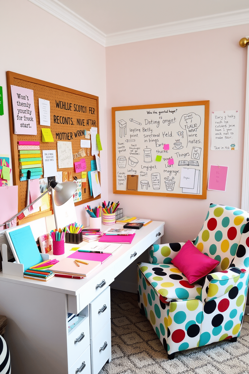 A bright and cheerful home office filled with whimsical stationery. The desk is adorned with colorful notebooks, playful pens, and vibrant sticky notes, creating an inspiring workspace. The walls are painted in a soft pastel hue, and a large bulletin board is decorated with fun quotes and sketches. A cozy armchair in a bold pattern sits in the corner, inviting creativity and comfort.