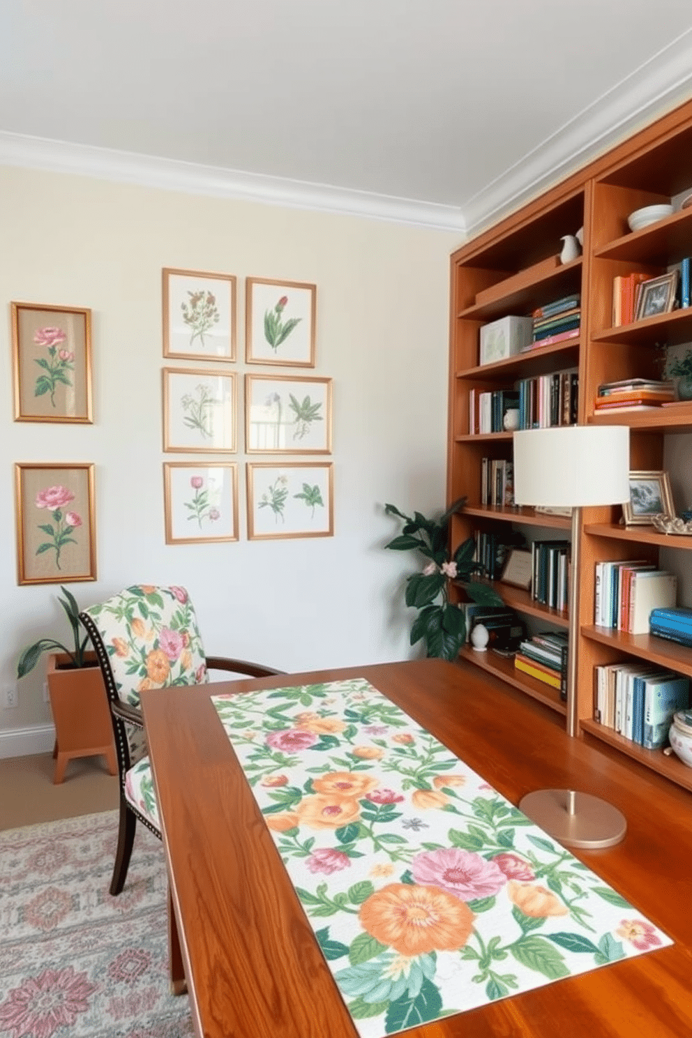 A bright and airy home office features a large wooden desk adorned with a vibrant floral-patterned runner. The walls are painted in a soft pastel hue, and a gallery of framed botanical prints adds a touch of nature to the space. A comfortable chair with floral upholstery sits invitingly beside the desk, while a potted plant brings life to the corner. Shelves lined with books and decorative items showcase a cohesive floral theme, creating an inspiring and cheerful atmosphere.