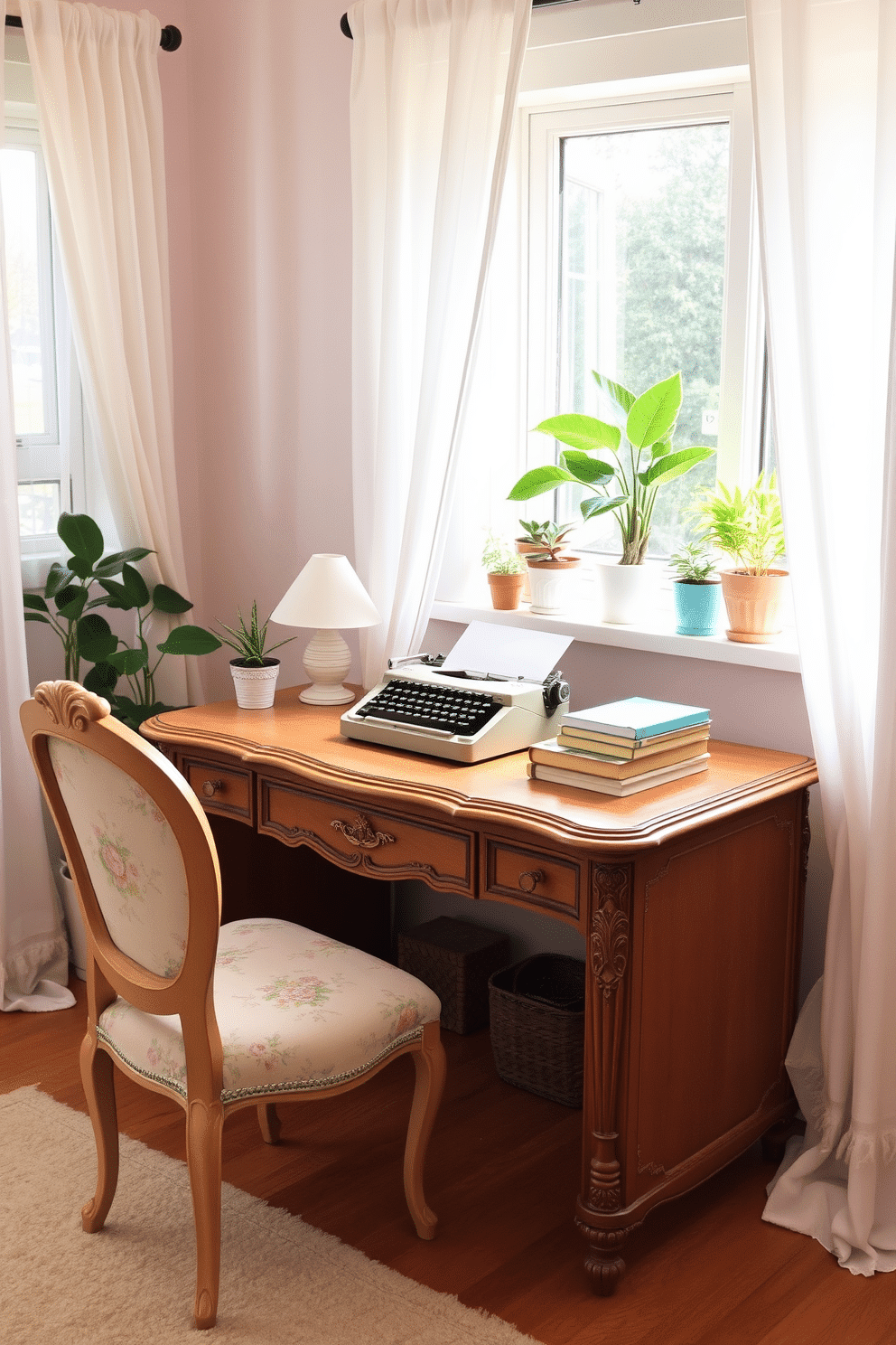 A vintage-inspired desk sits at the center of a cozy home office, adorned with intricate carvings and a warm wood finish. Surrounding the desk are soft pastel accents, including a plush chair with floral upholstery and a delicate area rug that adds a touch of comfort. Natural light spills through sheer curtains, illuminating a collection of potted plants on the windowsill that breathe life into the space. On the desk, a vintage typewriter and a stack of colorful notebooks create an inviting atmosphere for creativity and productivity.