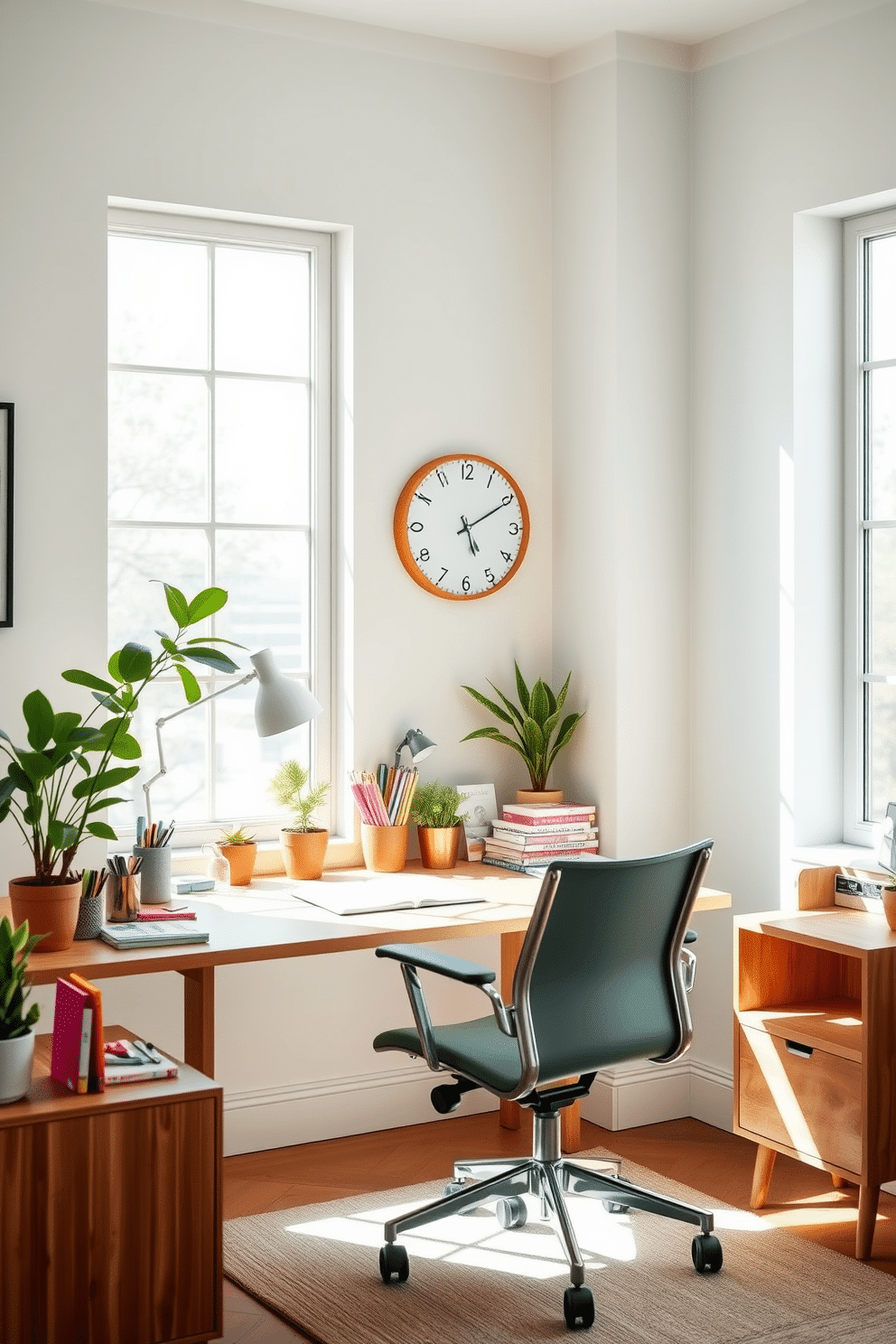 A bright and airy home office filled with natural light. The walls are painted in a soft pastel shade, complemented by a stylish wooden desk and an ergonomic chair. On the desk, a cheerful wall clock adds a functional touch while enhancing the decor. Potted plants and colorful stationery bring life to the space, creating an inspiring atmosphere for productivity.