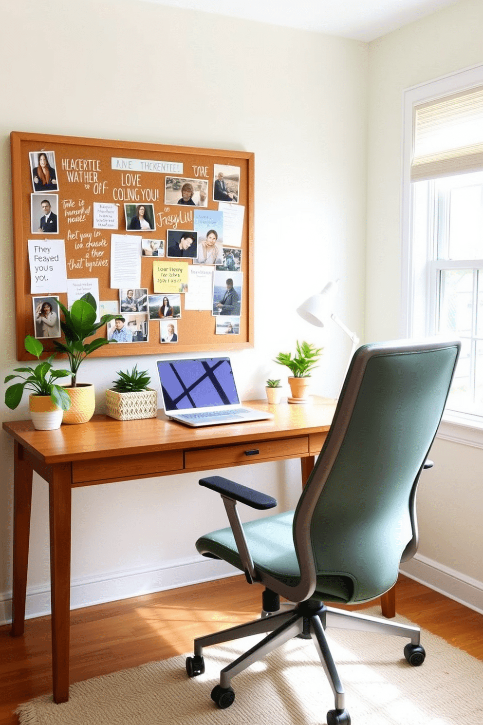 A bright and inviting home office space featuring a large wooden desk positioned near a window that allows natural light to flood the room. The walls are painted in a soft pastel hue, and a comfortable ergonomic chair is complemented by textured pillows in varying shades of green and yellow, adding a touch of coziness to the workspace. On the desk, a stylish laptop sits atop a decorative organizer, surrounded by potted plants that bring life to the environment. A large bulletin board adorned with inspiring quotes and photos hangs above the desk, creating an atmosphere that encourages creativity and productivity.