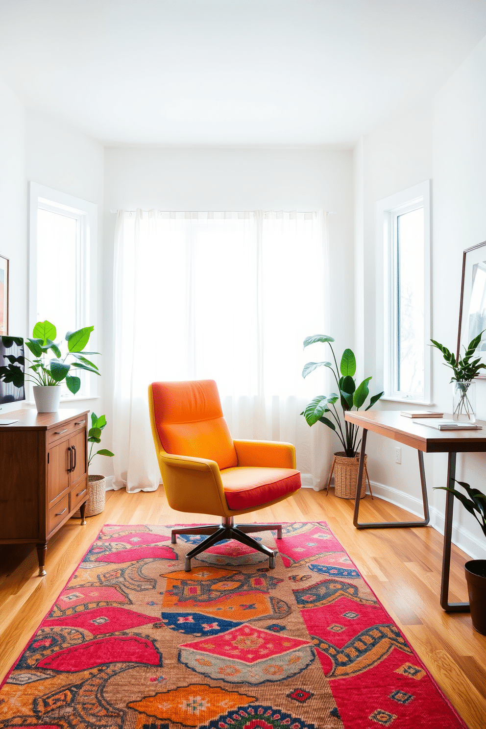 A stylish chair with bright upholstery sits prominently in the center of a well-lit home office. The walls are painted in a soft white hue, creating a fresh and inviting atmosphere, while a sleek wooden desk complements the vibrant chair. Natural light floods the room through large windows adorned with sheer curtains, enhancing the cheerful ambiance. A colorful area rug anchors the space, and a few potted plants add a touch of greenery to the decor.