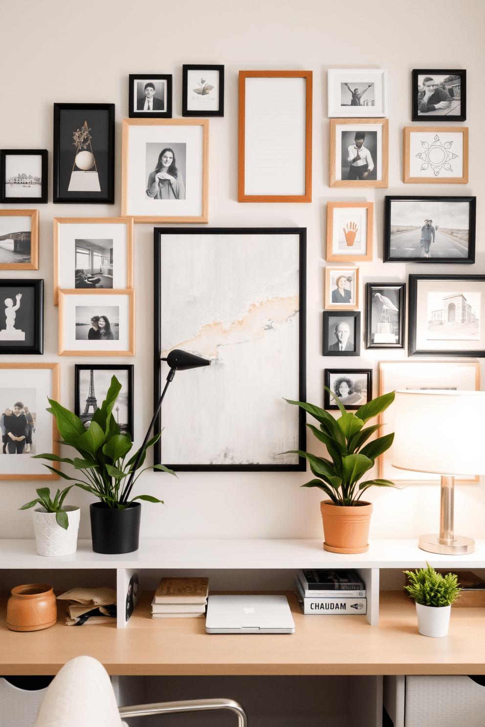 Create a gallery wall featuring a mix of personal artwork and framed photographs. The wall is adorned with various sizes of frames in natural wood and black finishes, creating an eclectic yet cohesive look. In the center, a large abstract painting serves as the focal point, surrounded by smaller pieces that reflect personal memories and travels. Soft lighting from a nearby desk lamp highlights the artwork, enhancing the inviting atmosphere of the space. For a spring home office, incorporate fresh greenery through potted plants placed on the desk and shelves. Use a light color palette with pastel accents to create a bright and airy feel, perfect for boosting creativity and productivity.