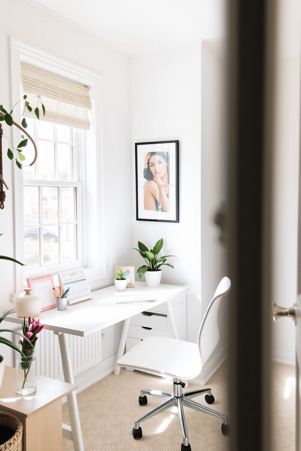 A bright and airy home office filled with natural light. A sleek white desk sits against a window, adorned with a cheerful desk calendar and colorful stationery. The walls are painted in soft pastel hues, creating a refreshing atmosphere. Potted plants and framed art add personality and warmth to the space.