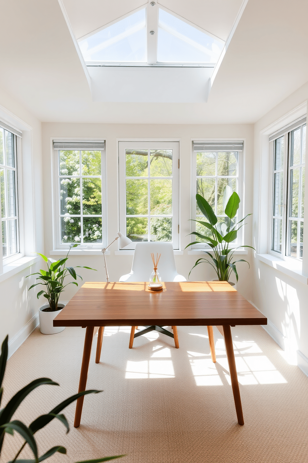 A bright and airy home office filled with natural light streaming through large windows. A sleek wooden desk sits in the center, adorned with a fresh scent diffuser and a stylish desk lamp. The walls are painted in a soft pastel color, creating a calming atmosphere. Potted plants are placed in the corners, adding a touch of greenery and vitality to the space.