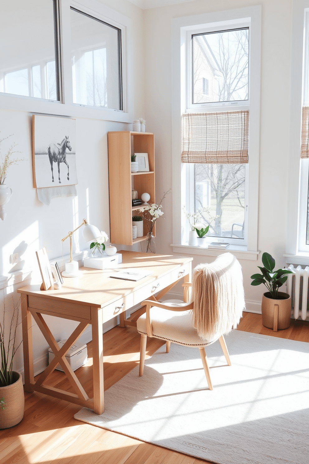 A light wood desk is the focal point of the home office, offering warmth and a natural touch to the space. Surrounding the desk are soft pastel accents, including a cozy chair and decorative accessories that evoke a fresh spring atmosphere. The walls are painted in a light, airy color, enhancing the brightness of the room. Large windows allow natural light to flood in, creating an inviting and productive environment perfect for work and creativity.