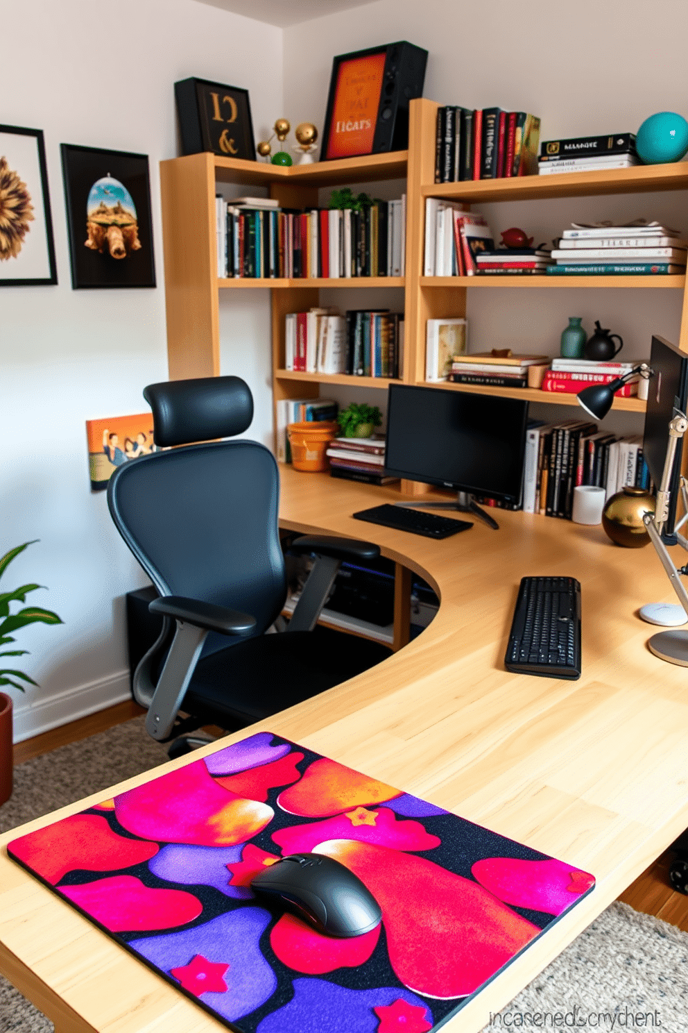 A vibrant home office featuring a colorful mouse pad that adds a touch of flair to the workspace. The desk is made of light wood and complemented by a comfortable ergonomic chair, surrounded by shelves filled with books and decorative items.