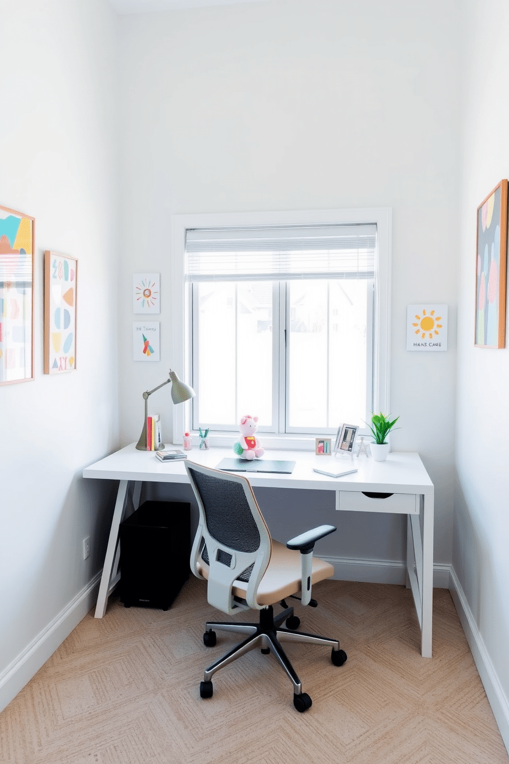 A bright and airy home office features a sleek white desk positioned by a large window that lets in ample natural light. On the desk, a playful desk toy adds a touch of whimsy, surrounded by stylish stationery and a small potted plant. The walls are painted in a soft pastel color, creating a cheerful atmosphere. A comfortable ergonomic chair complements the workspace, while colorful artwork adorns the walls to inspire creativity.