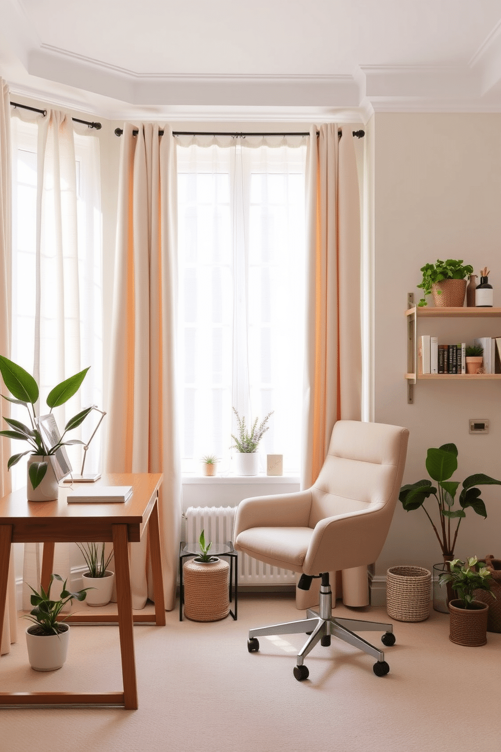 A bright and airy home office featuring lightweight fabric curtains that gently filter sunlight. The walls are painted in a soft pastel hue, and the room is adorned with a sleek wooden desk paired with a comfortable ergonomic chair. A cozy reading nook is created by placing a plush armchair in the corner, complemented by a small side table. Potted plants add a touch of greenery, while decorative shelves display books and personal items, enhancing the inviting atmosphere.