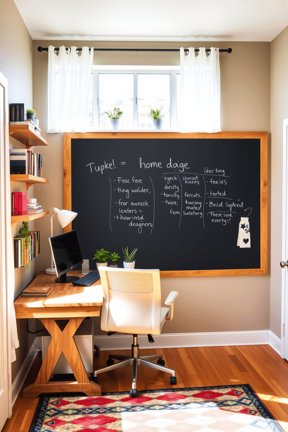 A bright and inviting home office space features a large chalkboard mounted on the wall, perfect for jotting down notes and reminders. The desk is made of reclaimed wood, paired with a comfortable ergonomic chair, and a colorful area rug adds warmth to the hardwood floor. Natural light floods the room through a large window adorned with sheer white curtains. Potted plants sit on the windowsill, bringing a touch of greenery, while shelves filled with books and decorative items create an organized yet stylish atmosphere.