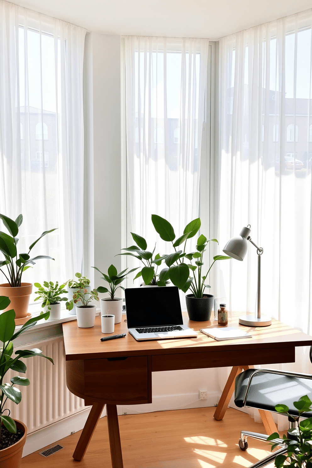 A bright and inviting home office filled with natural light. There are large windows adorned with sheer white curtains that allow sunlight to filter through, illuminating a wooden desk with a sleek design. On the desk sits a modern laptop alongside a stylish desk lamp and a few neatly arranged stationery items. Potted plants in varying sizes are placed on the windowsill and around the room, adding bursts of greenery and a refreshing touch to the decor.