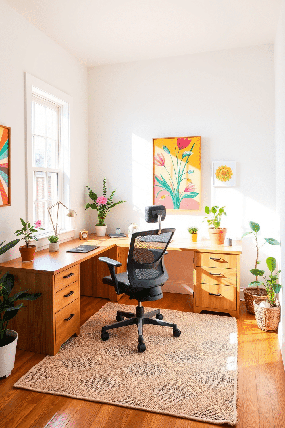 A bright and inviting home office features a large wooden desk positioned near a window that allows natural light to flood the space. The walls are painted in a soft white hue, providing a clean backdrop for colorful wall art that adds vibrancy and personality to the room. A comfortable ergonomic chair sits at the desk, complemented by a cozy area rug that brings warmth to the hardwood floor. Potted plants are strategically placed around the room, enhancing the fresh and lively atmosphere of the spring-inspired decor.