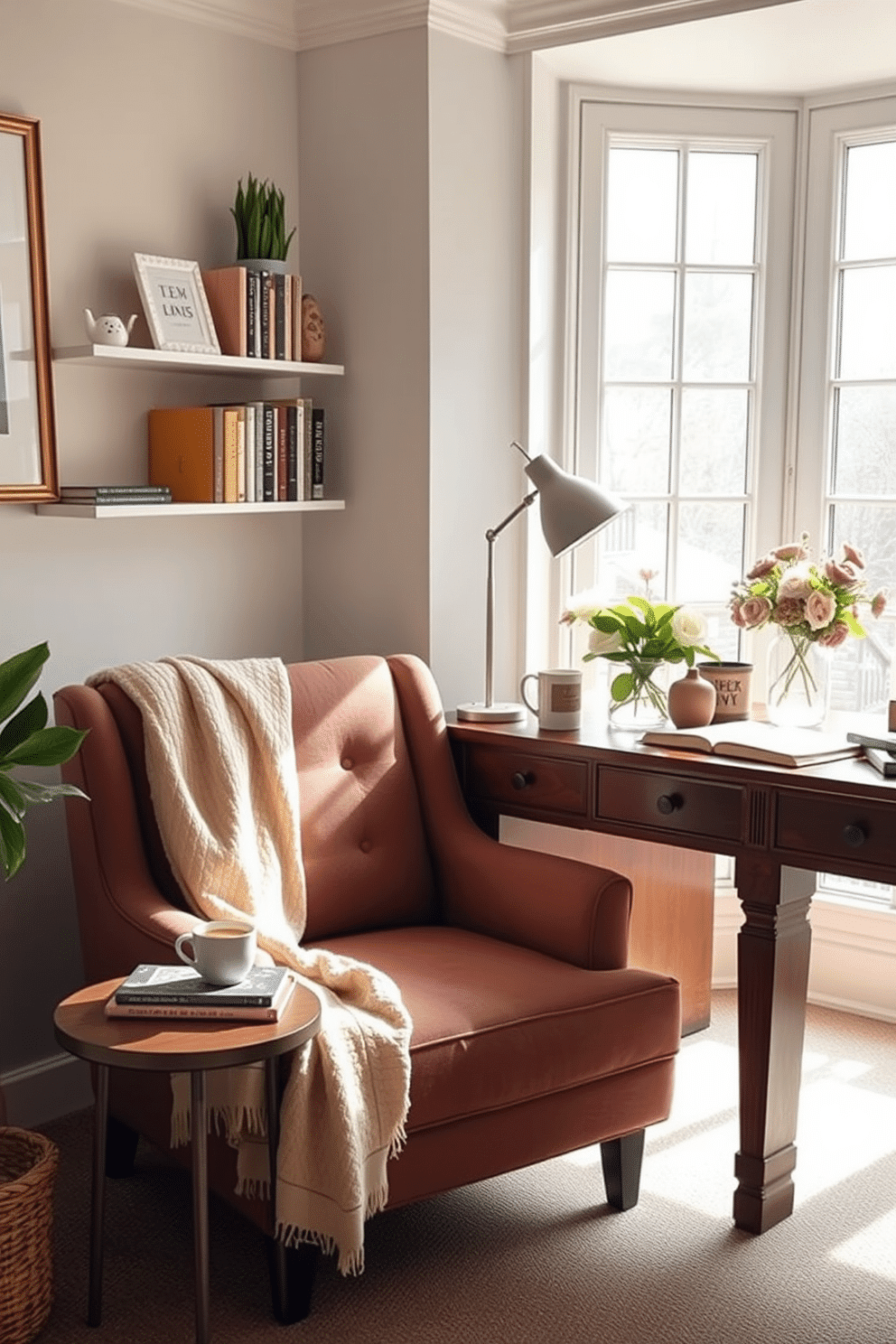 A cozy reading nook area with a plush armchair upholstered in soft fabric. A small side table holds a steaming cup of tea and a stack of well-loved books, while a warm throw blanket drapes over the chair. Spring home office decorating ideas featuring a bright and airy workspace. A large window allows natural light to flood the room, complemented by a desk adorned with fresh flowers and stylish stationery.