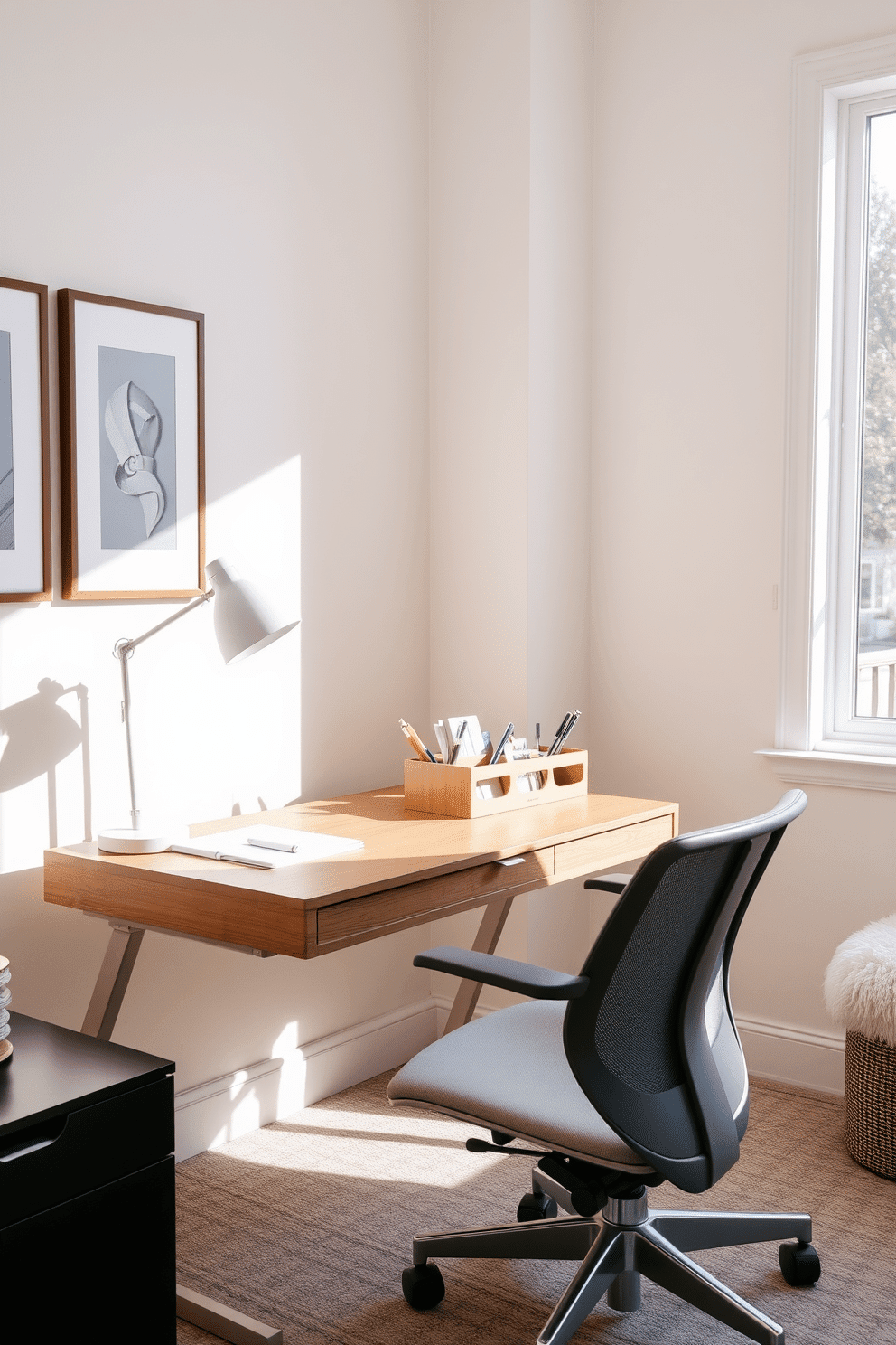 A stylish home office features a sleek wooden desk with a modern desk organizer that holds pens, notepads, and other essentials. The space is brightened by natural light streaming through a large window, complemented by soft pastel decor and a comfortable ergonomic chair.