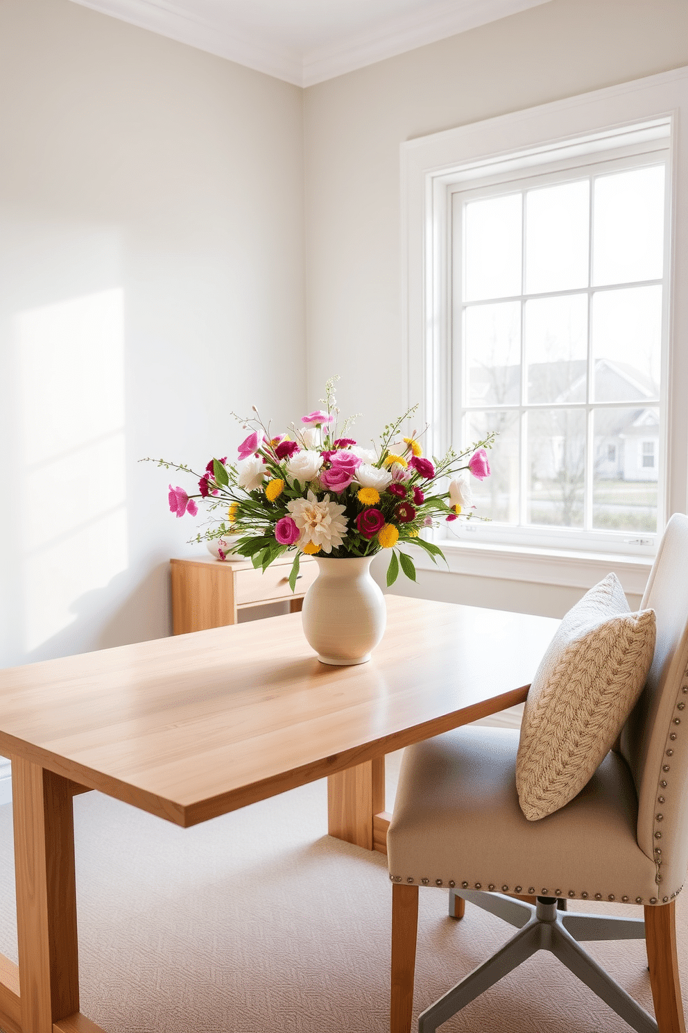 A bright and airy home office space featuring a large wooden desk positioned against a window that allows natural light to flood the room. A fresh floral centerpiece sits in a ceramic vase in the center of the desk, adding a pop of color and life to the workspace. The walls are painted in a soft pastel shade, complementing the light wood furniture and creating a serene atmosphere. A comfortable chair with a cozy throw pillow is placed beside the desk, inviting productivity and creativity in this spring-inspired setting.