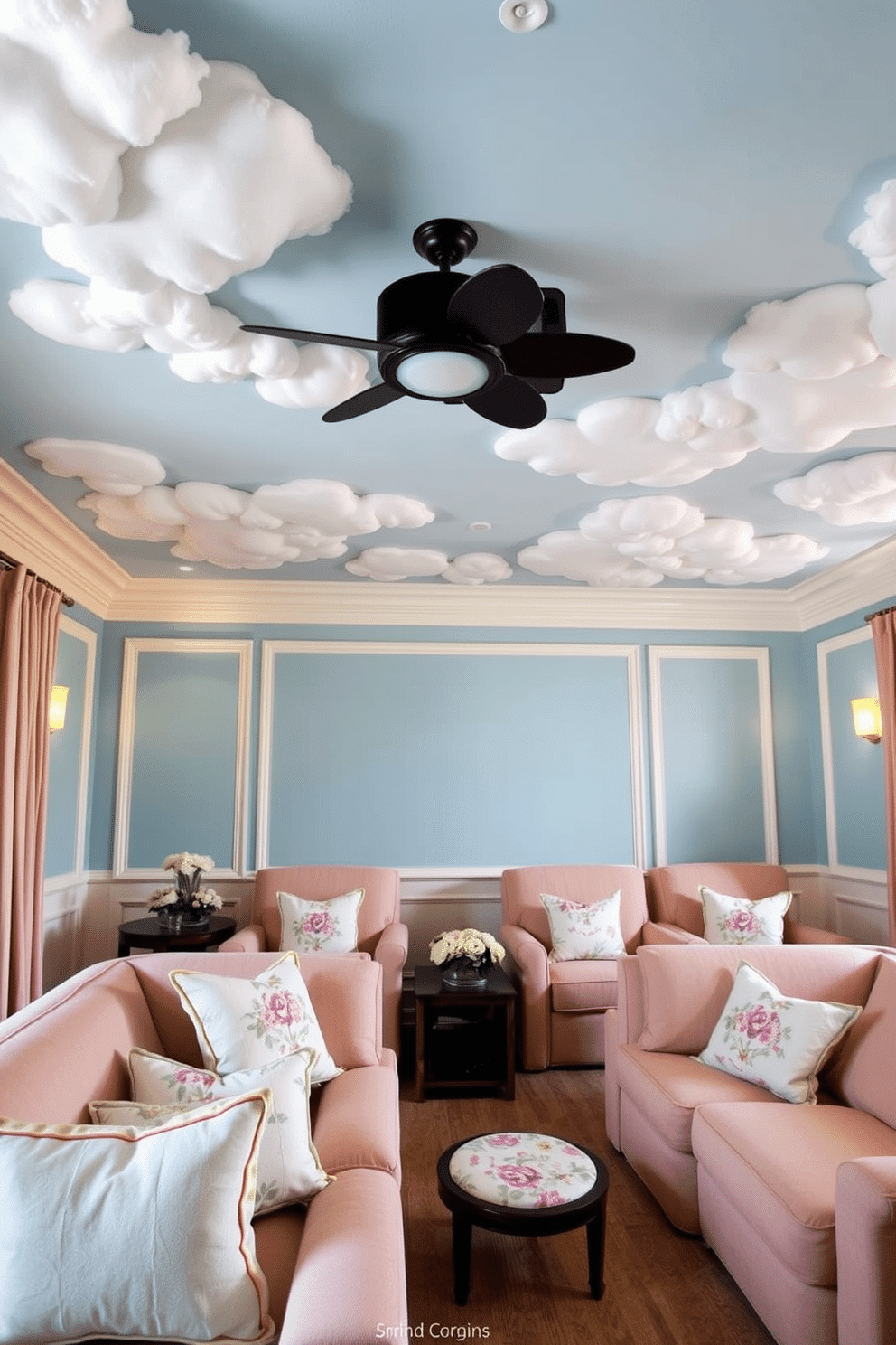 Whimsical ceiling designs featuring soft, fluffy clouds create a dreamy atmosphere in any room. The clouds are painted in varying shades of white and light blue, giving the illusion of an open sky above. Spring home theater decorating ideas incorporate fresh colors and light fabrics to create an inviting space. Plush seating in pastel tones, along with floral-patterned cushions, brings a touch of seasonal charm to the entertainment area.