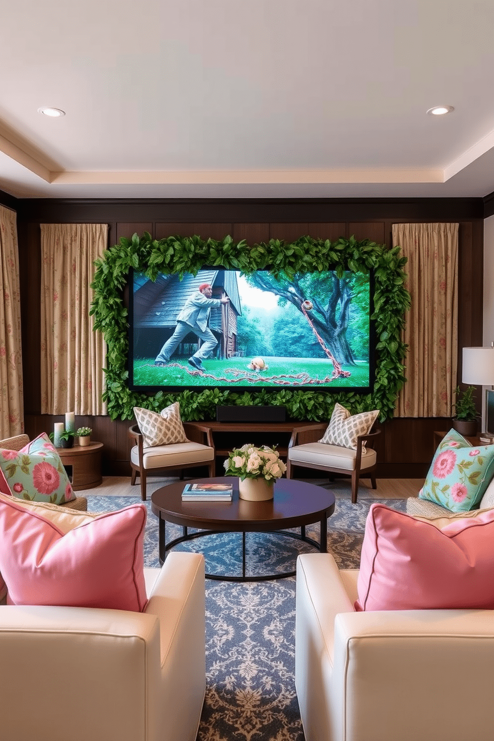 Interactive wall displays for family fun. Imagine a vibrant living room where the walls are transformed into interactive screens showcasing family photos, games, and art. Spring home theater decorating ideas. Envision a cozy home theater adorned with pastel-colored cushions, floral-patterned curtains, and a large screen framed by lush greenery.