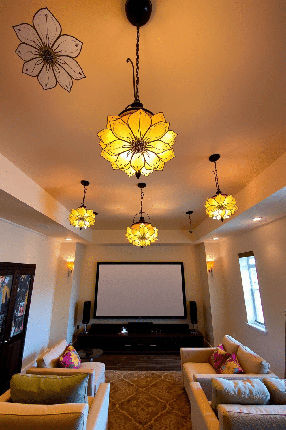 Artistic light fixtures with floral designs hang gracefully from the ceiling, casting a warm glow throughout the room. The walls are painted in a soft pastel hue, complementing the intricate patterns of the light fixtures. The home theater features plush seating arranged for optimal viewing, with a large screen as the focal point. Decorative elements include vibrant throw pillows and a stylish area rug that ties the space together, creating a cozy yet elegant atmosphere.