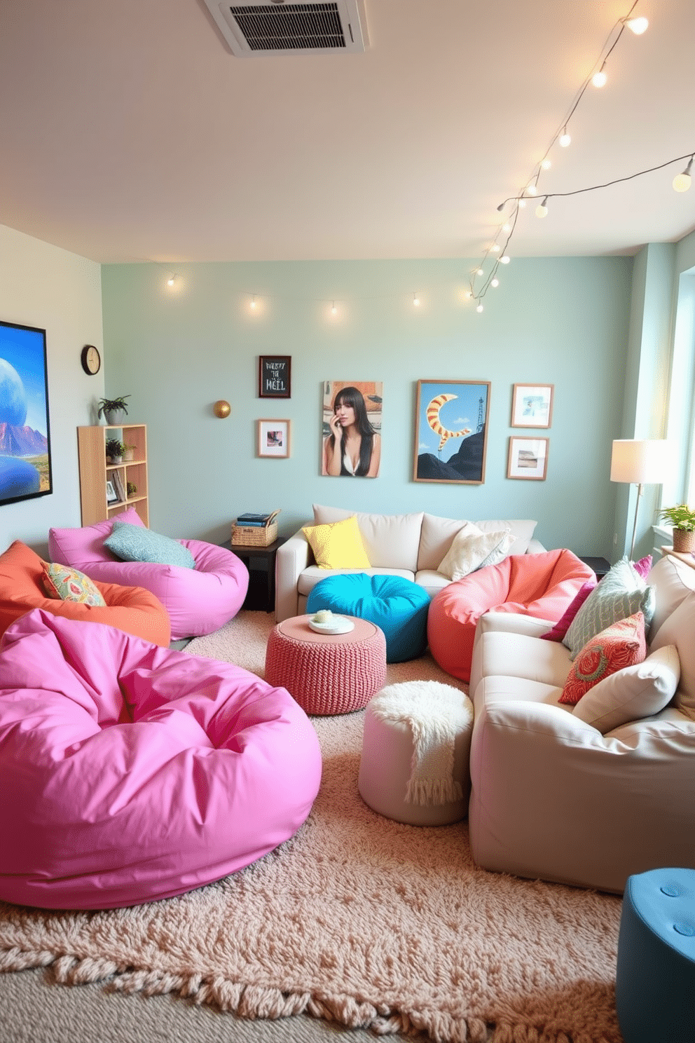 Playful bean bags in vibrant colors are scattered around a cozy living space, inviting relaxation and fun. The room features a mix of textures with soft rugs and playful wall art that enhances the casual atmosphere. Spring Home Theater Decorating Ideas include a light and airy color palette with pastel accents, creating a fresh environment. Plush seating, such as oversized sofas and bean bags, are arranged for optimal viewing comfort, while decorative string lights add a whimsical touch.