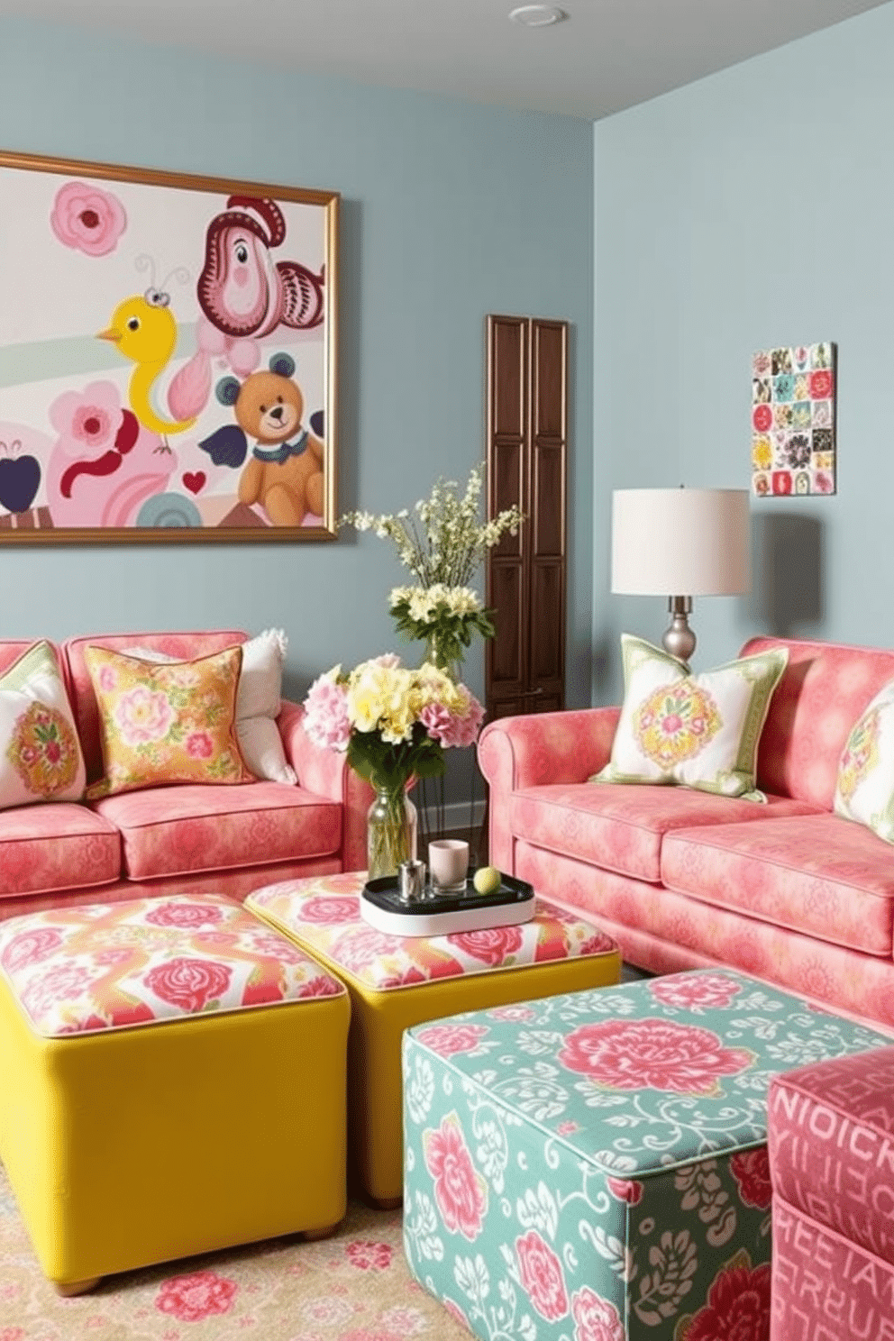 Brightly colored ottomans for extra seating. The ottomans are upholstered in vibrant fabrics with patterns that complement the surrounding decor. Spring Home Theater Decorating Ideas. The space features soft pastel colors, floral accents, and cozy seating arrangements that invite relaxation and enjoyment.