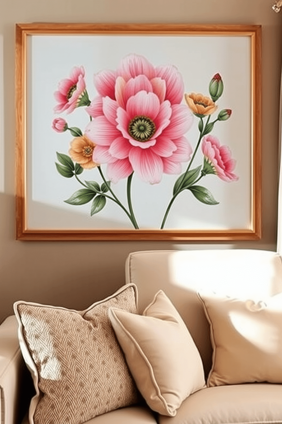 Floral themed wall art featuring vibrant colors and intricate designs brings a fresh and lively atmosphere to any room. The artwork is framed in natural wood to complement the decor and enhance the overall aesthetic. Spring home theater decorating ideas include soft pastel colors and comfortable seating arrangements that create a cozy viewing experience. Incorporate plush throw pillows and light drapes to allow natural light while maintaining a cinematic feel.