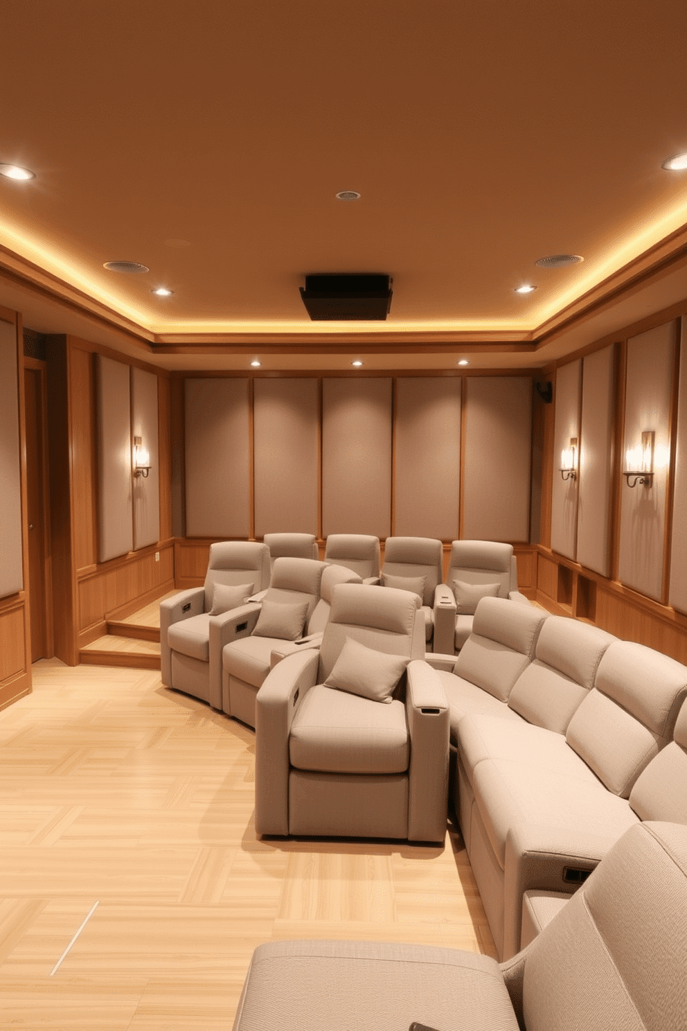 A cozy home theater with light wood finishes creates a warm and inviting atmosphere. The walls are adorned with acoustic panels in soft beige tones, and the floor features light hardwood for a seamless look. Comfortable seating is arranged in a semi-circle, upholstered in a light gray fabric. Ambient lighting is provided by recessed fixtures and elegant sconces, enhancing the cinematic experience.