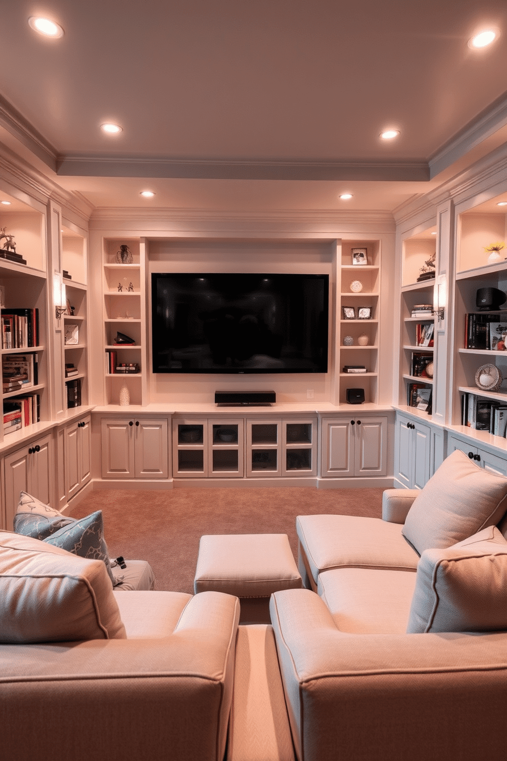 A cozy home theater designed for relaxation and enjoyment. The walls are painted in soft pastel shades, creating a calming atmosphere, while plush seating in light gray complements the overall color scheme. A large screen is mounted on the wall, surrounded by built-in shelves filled with books and decorative items. Soft lighting fixtures provide a warm glow, enhancing the inviting ambiance of the space.