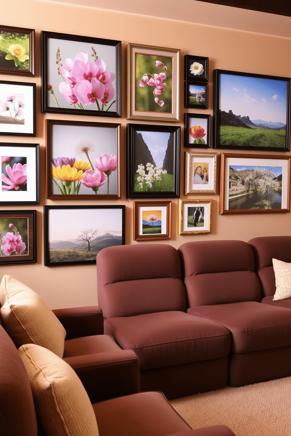 Create a vibrant gallery wall featuring an array of spring-themed photographs showcasing blooming flowers and lush landscapes. The frames vary in size and style, adding an eclectic touch to the wall while celebrating the beauty of the season. Design a cozy home theater that incorporates soft seating and warm lighting for an inviting atmosphere. Use muted colors on the walls and plush fabrics to create a comfortable space perfect for enjoying spring movie nights.