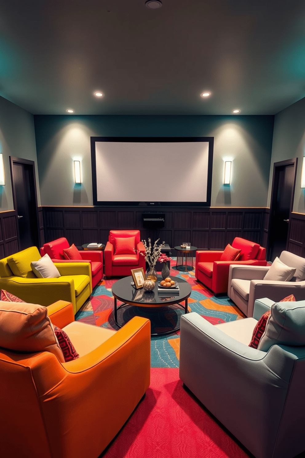 Comfortable lounge chairs in vibrant hues create a lively and inviting atmosphere in the home theater. The room features a large screen mounted on the wall, with soft ambient lighting that enhances the colorful decor. The seating arrangement includes a mix of oversized and sleek lounge chairs, each adorned with plush cushions. A stylish coffee table sits in the center, surrounded by decorative elements that reflect a playful yet sophisticated design.