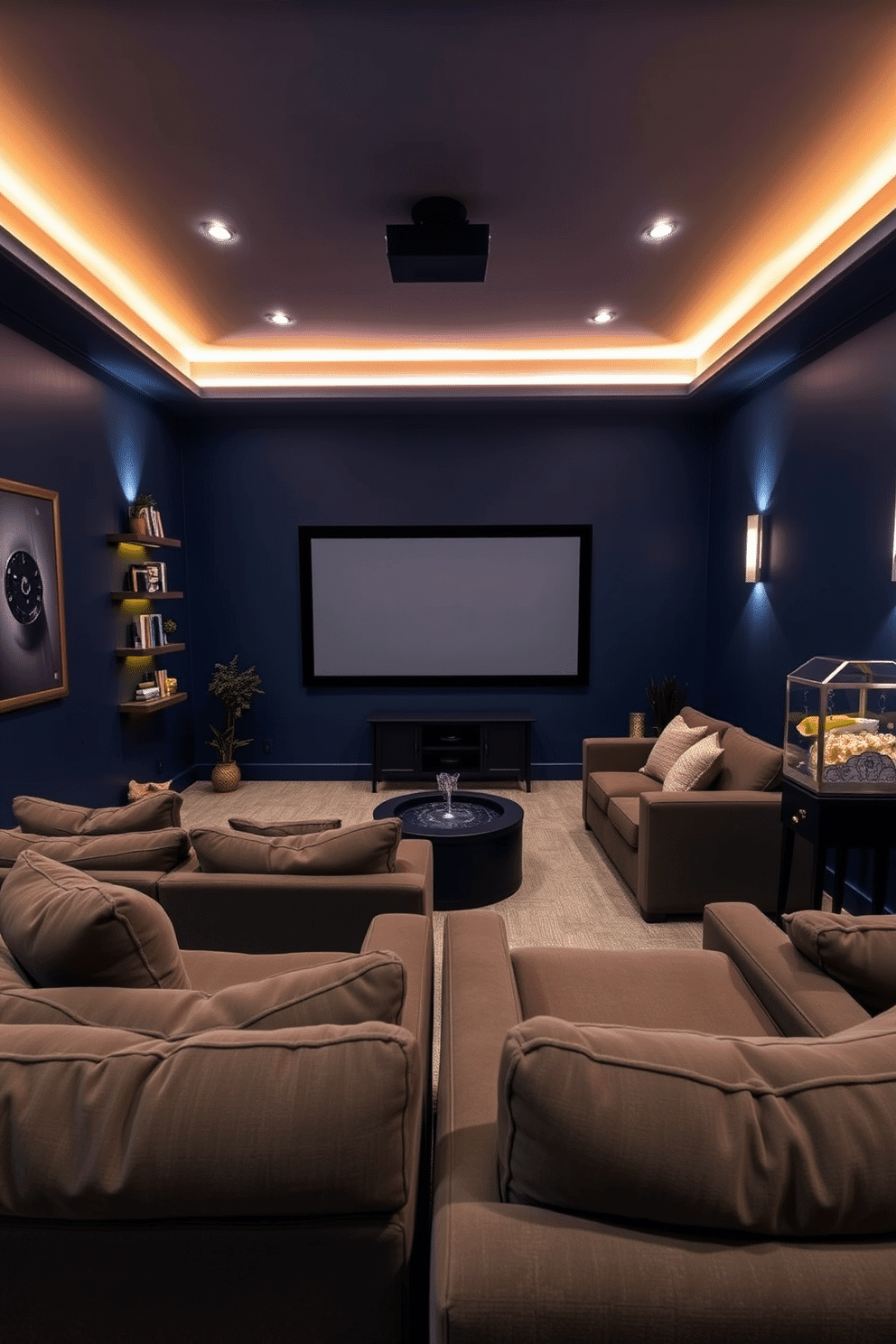 A cozy home theater setting with plush seating arranged in a semi-circle facing a large screen. The walls are painted in a deep navy blue, and soft ambient lighting is installed to create a relaxed atmosphere. In one corner, a small indoor fountain adds a tranquil sound of flowing water, enhancing the serene environment. Decorative shelves hold an array of movies and books, while a stylish popcorn machine stands ready for movie nights.