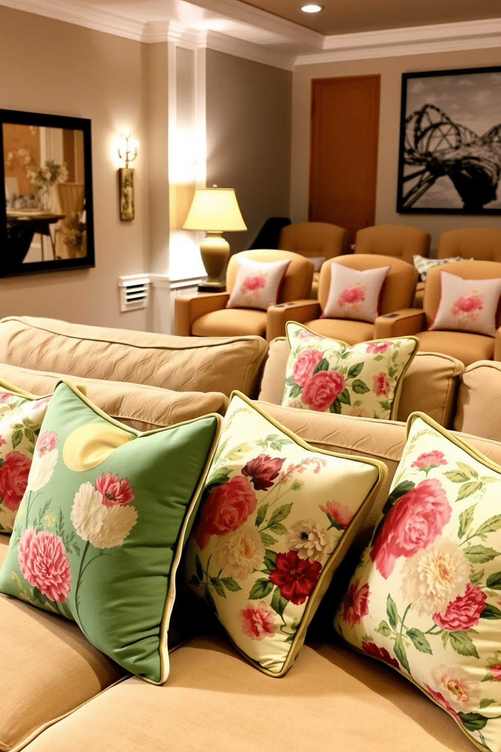 Seasonal throw pillows with floral prints are arranged on a plush sectional sofa in a cozy living room. The vibrant colors of the pillows complement the soft pastel hues of the surrounding decor, creating a fresh and inviting atmosphere. In the home theater, plush seating is adorned with matching floral throw pillows that add a touch of elegance. Soft lighting enhances the ambiance, making it the perfect space for enjoying movies during the spring season.