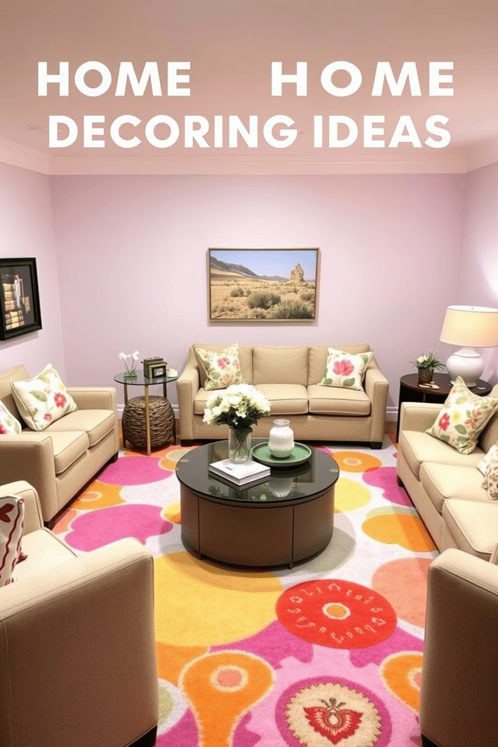 Bright rugs to liven up the space. The room features a large, colorful area rug that adds a pop of vibrancy to the neutral-toned furniture. Spring Home Theater Decorating Ideas. The walls are adorned with light pastel colors, and cozy seating is complemented by soft throw pillows in floral patterns.