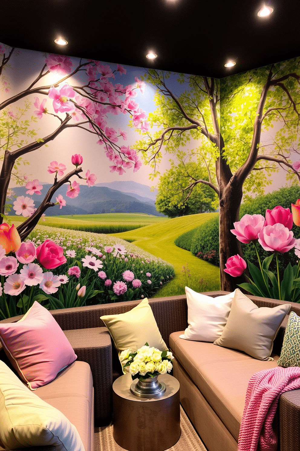 Artistic murals depicting spring landscapes. The walls are adorned with vibrant murals showcasing blooming flowers and lush greenery, creating an immersive outdoor experience. Spring Home Theater Decorating Ideas. The space features cozy seating with pastel-colored cushions, complemented by soft lighting and floral accents to enhance the springtime ambiance.