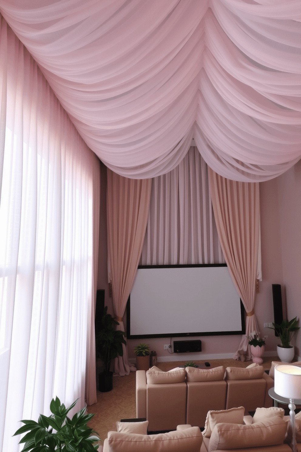 Lightweight curtains drape gracefully from the ceiling, allowing soft natural light to filter into the room. The fabric is a delicate pastel color that enhances the airy ambiance of the space. The home theater features plush seating arranged for optimal viewing, with a large screen framed by elegant drapery. Decorative accents, such as potted plants and stylish lighting, create a cozy and inviting atmosphere perfect for movie nights.