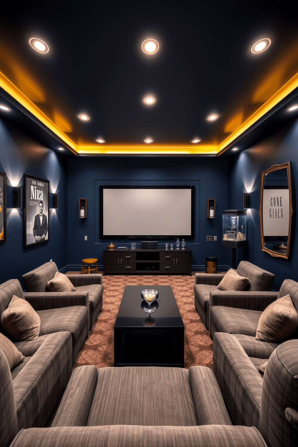 A cozy home theater designed for relaxation and entertainment. The walls are painted in a deep navy blue, creating a warm and inviting atmosphere. Soft recessed lighting illuminates the space, complemented by stylish sconces on either side of the screen. Plush seating in rich gray fabric is arranged for optimal viewing, with a sleek coffee table in the center. A large screen is mounted on the wall, surrounded by soundproofing panels that enhance acoustics. Decorative elements include framed movie posters and a popcorn machine for a classic cinema feel. Mirrors are strategically placed to reflect light and create a sense of spaciousness. A small bar area with elegant glassware adds a touch of sophistication to the overall design.