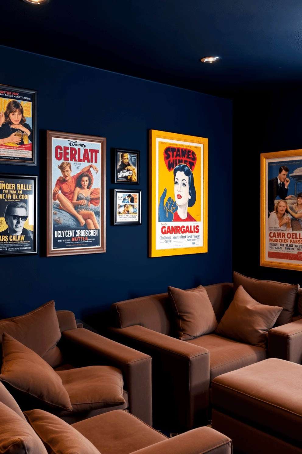 A cozy home theater adorned with vintage movie posters in bright frames. The walls are painted a deep navy blue, creating a dramatic backdrop for the colorful artwork. Plush seating is arranged in a semi-circle, inviting relaxation and enjoyment. Soft ambient lighting highlights the posters, enhancing the nostalgic atmosphere of the space.