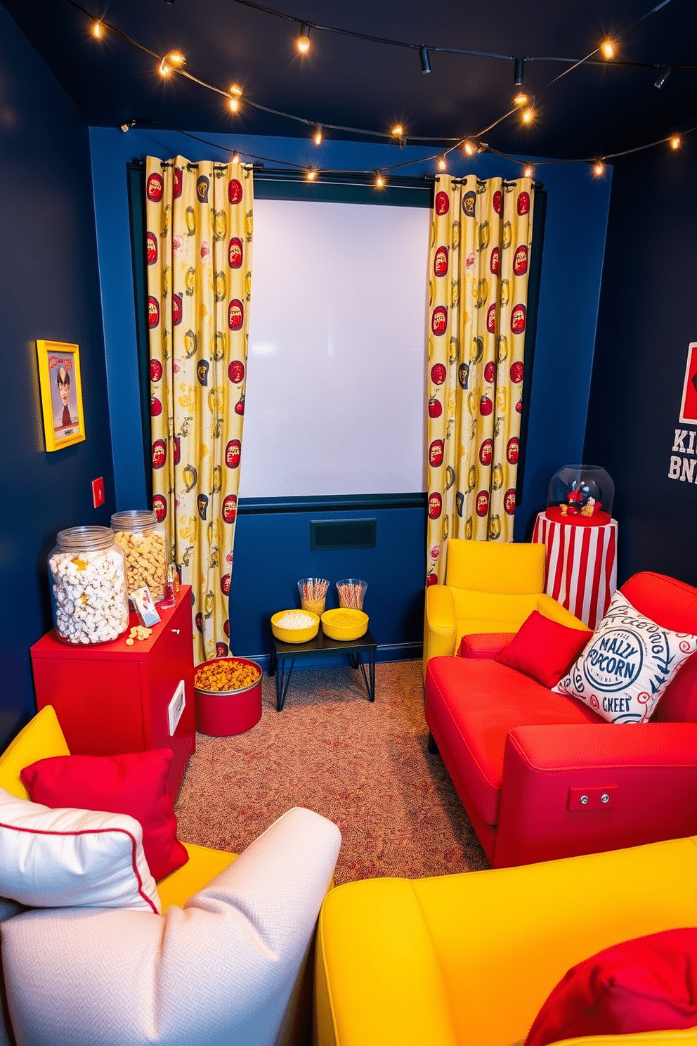 A vibrant popcorn station is set up in a cozy corner of the home theater, featuring a cheerful assortment of popcorn flavors displayed in clear glass jars. The station is adorned with colorful bowls and fun movie-themed decorations, creating an inviting atmosphere for movie nights. The walls of the home theater are painted in a rich navy blue, complemented by plush seating in bright yellow and red hues. String lights twinkle overhead, adding a warm glow, while a large screen is framed by stylish curtains in a playful pattern.