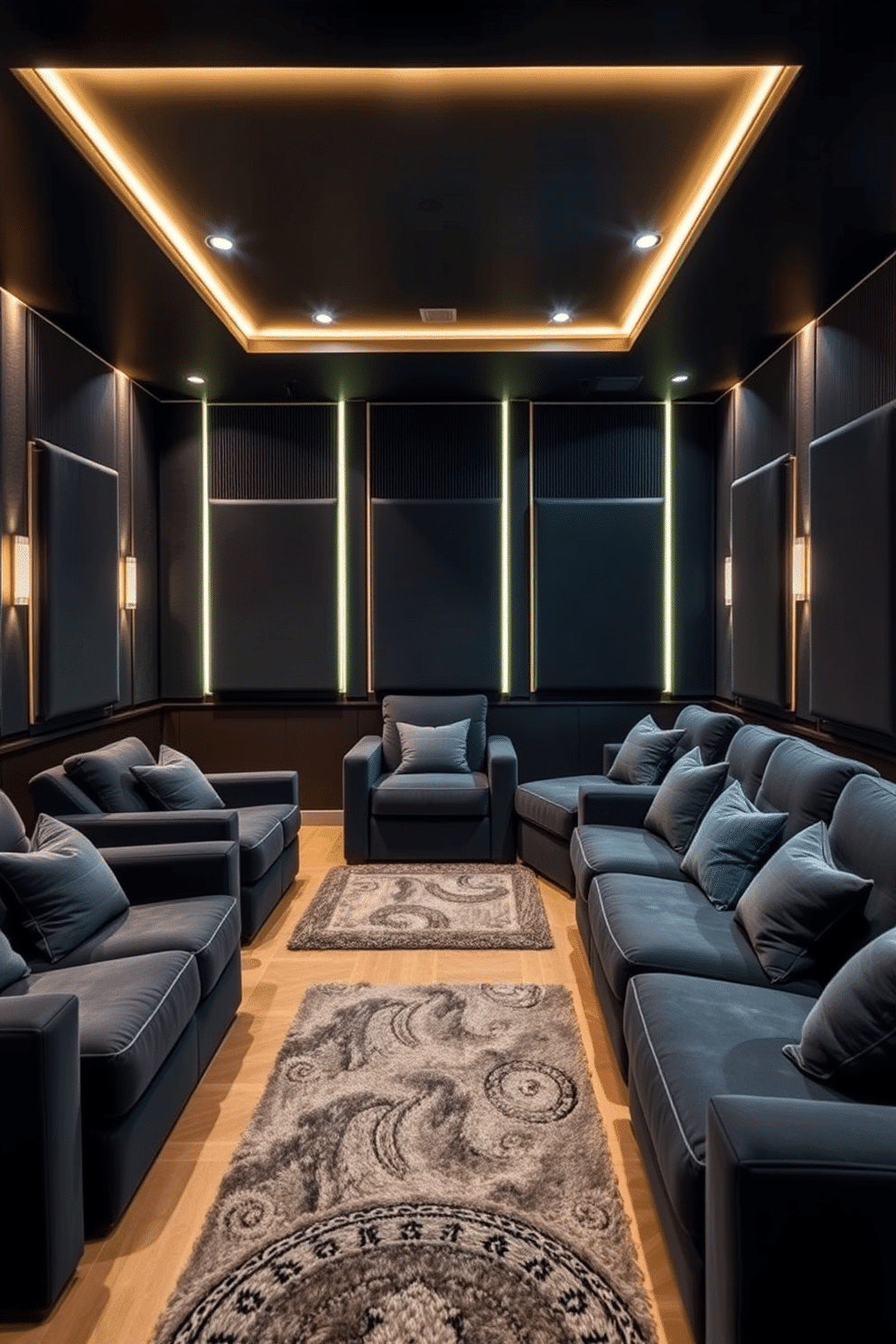 A cozy home theater featuring plush seating arranged in a semi-circle. The walls are adorned with dark acoustic panels and the ceiling is equipped with dimmable LED lights for an inviting atmosphere. Soft area rugs in rich textures are placed underfoot to enhance comfort and style. The color palette includes deep blues and warm neutrals to create a relaxing environment for movie nights.