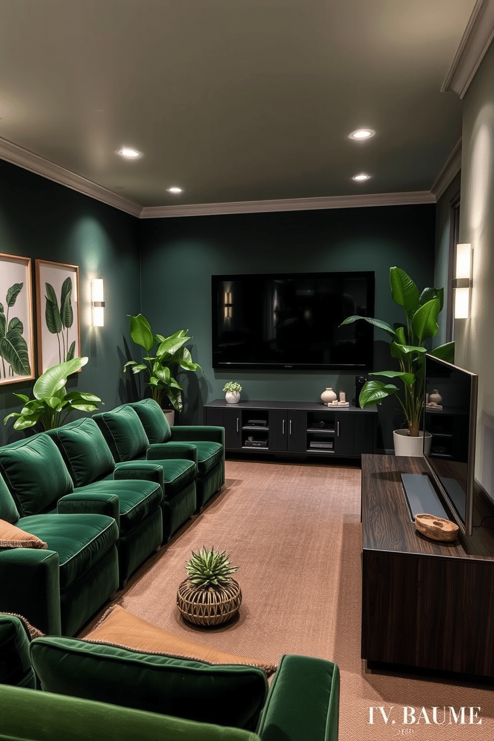 A cozy home theater with plush seating featuring deep green velvet upholstery. The walls are adorned with botanical prints and the room is illuminated by soft, adjustable lighting that creates a warm ambiance. Lush green plants are strategically placed around the space to enhance the fresh atmosphere. A sleek media console holds the latest technology while decorative accents in natural materials add a touch of elegance.