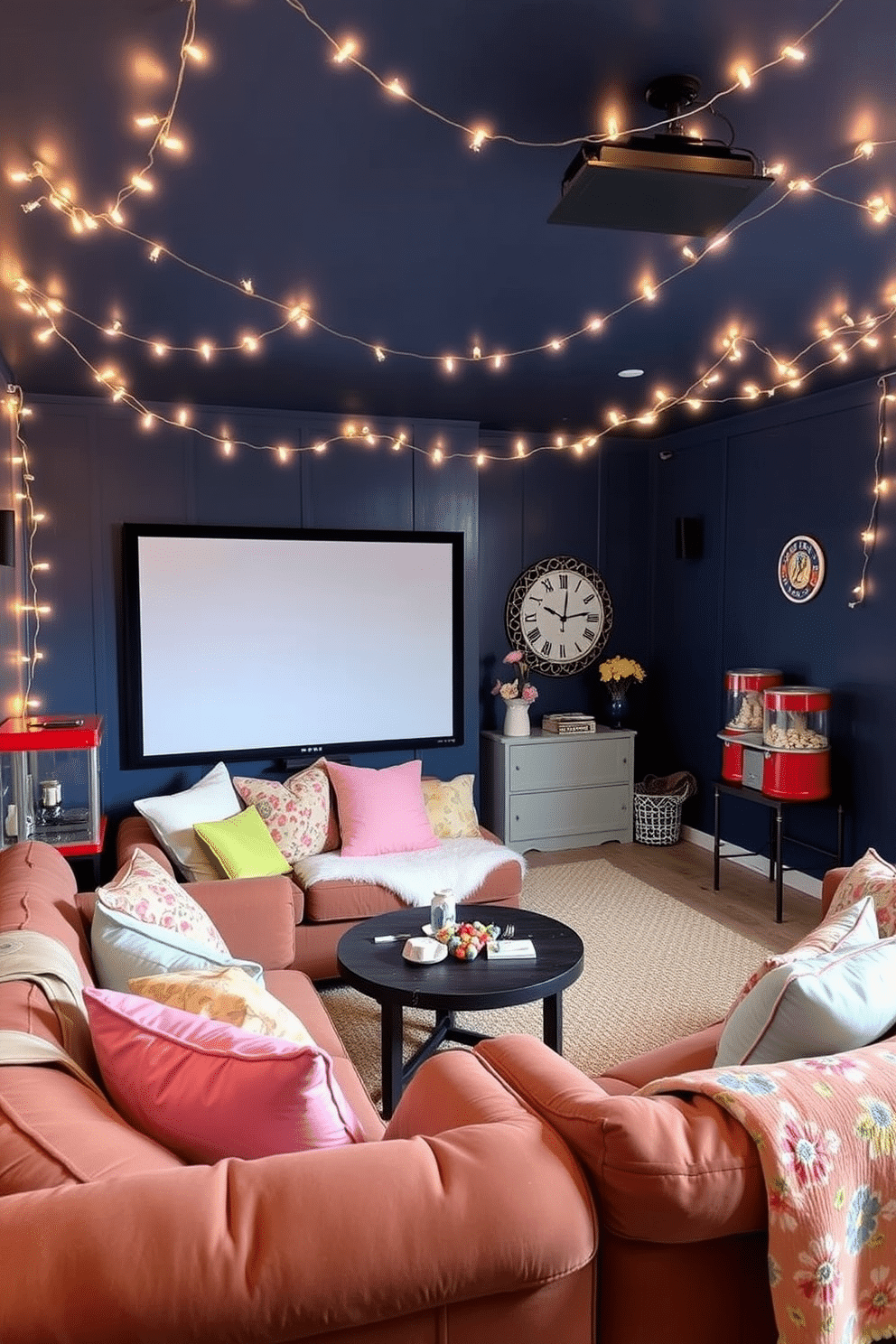 Create a cozy home theater setting adorned with decorative fairy lights that twinkle softly around the room. The walls are painted in a deep navy blue, and plush seating is arranged in a semi-circle facing a large screen, creating an inviting atmosphere for movie nights. Incorporate vibrant spring-themed decorations, such as pastel-colored cushions and floral-patterned throws, to bring a fresh feel to the space. A small snack station with a vintage popcorn machine and colorful candy jars adds a playful touch to the overall design.