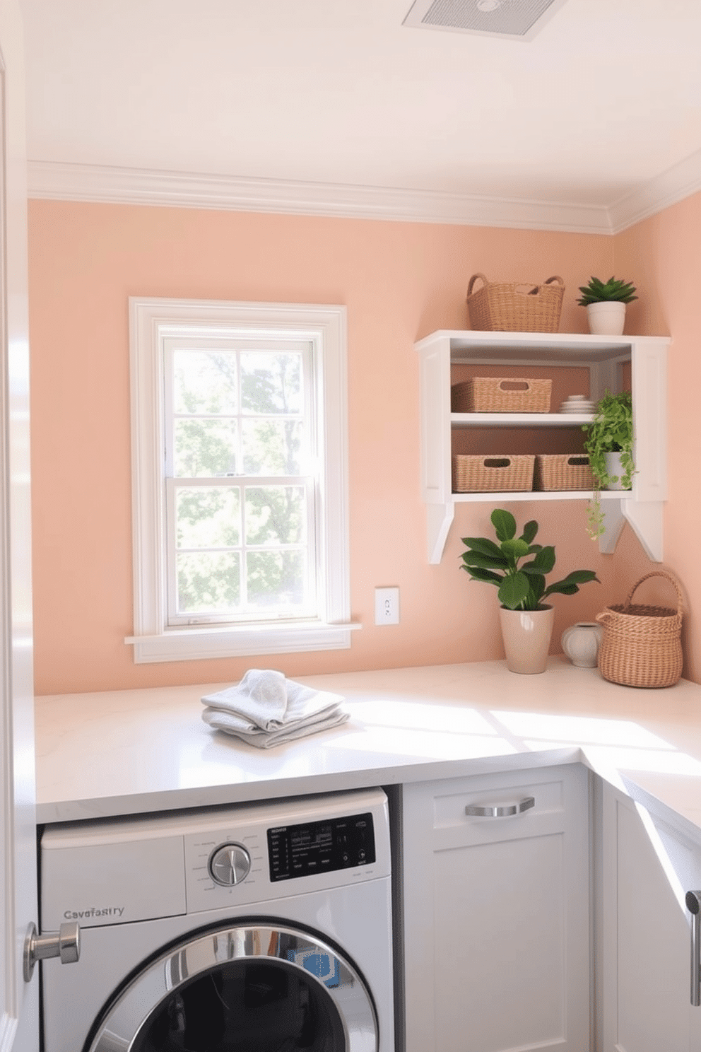 A cheerful laundry room filled with natural light. The walls are painted in soft pastel colors, creating a refreshing and inviting atmosphere. A spacious countertop made of white quartz provides ample space for folding clothes. Stylish open shelving displays neatly organized baskets and decorative plants, adding a touch of greenery.