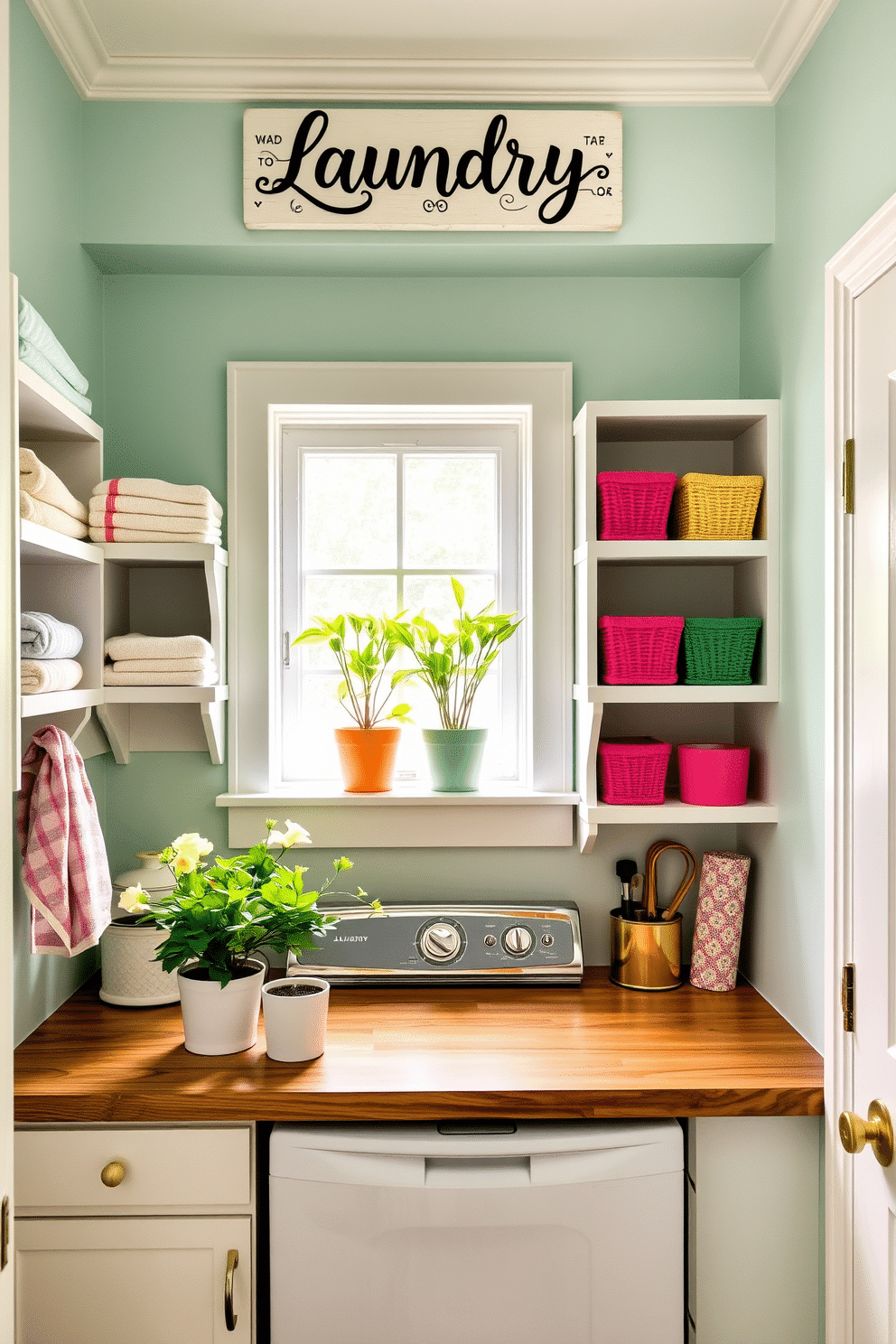 A bright and cheerful laundry room features pastel-colored walls adorned with a whimsical laundry sign that adds a playful touch. The space is organized with open shelving displaying neatly folded towels and colorful baskets, creating an inviting atmosphere. In the center, a vintage-style washing machine is flanked by a wooden countertop for folding clothes. Potted plants on the windowsill bring a fresh, vibrant feel, while soft lighting illuminates the cheerful decor.