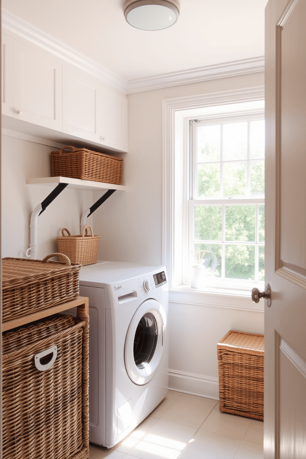 A bright and airy laundry room filled with natural light. The space features wicker hampers for texture, adding warmth and charm to the overall design. The walls are painted in a soft pastel color, creating a cheerful atmosphere. A large window allows for ample sunlight, enhancing the vibrant feel of the room.